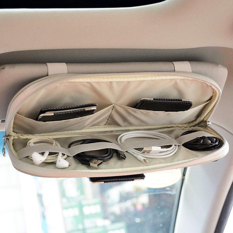 Da by Car Sun Visor Organizer  Multi-Pocket Visor Organizer Storage Pouch for Cars  SUVs & Trucks with Double Zippers  Elastic Bands & Glasses Clip- Organizes Essentials Keep Tidy (Beige Light Yellow) - Image 2